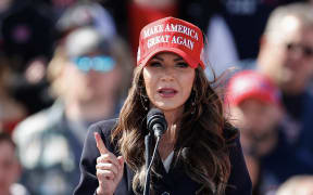 South Dakota Governor Kristi Noem speaks before former US President and Republican presidential candidate Donald Trump takes the stage during a Buckeye Values PAC Rally in Vandalia, Ohio, on March 16, 2024. (Photo by KAMIL KRZACZYNSKI / AFP)