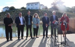 Mt Roskill MP Michael Wood, Auckland mayor Phil Goff and Housing Minister Megan Woods at the announcement of $1.4bn in funding to boost Auckland housing.