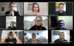 The Maori Affairs Committee meeting online. Rawiri Waititi (bottom left) adjusts his hat after having removed it to lead the committee in an opening karakia.