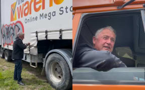 Christchurch Mayor Phil Mauger tows an abandoned trailer.