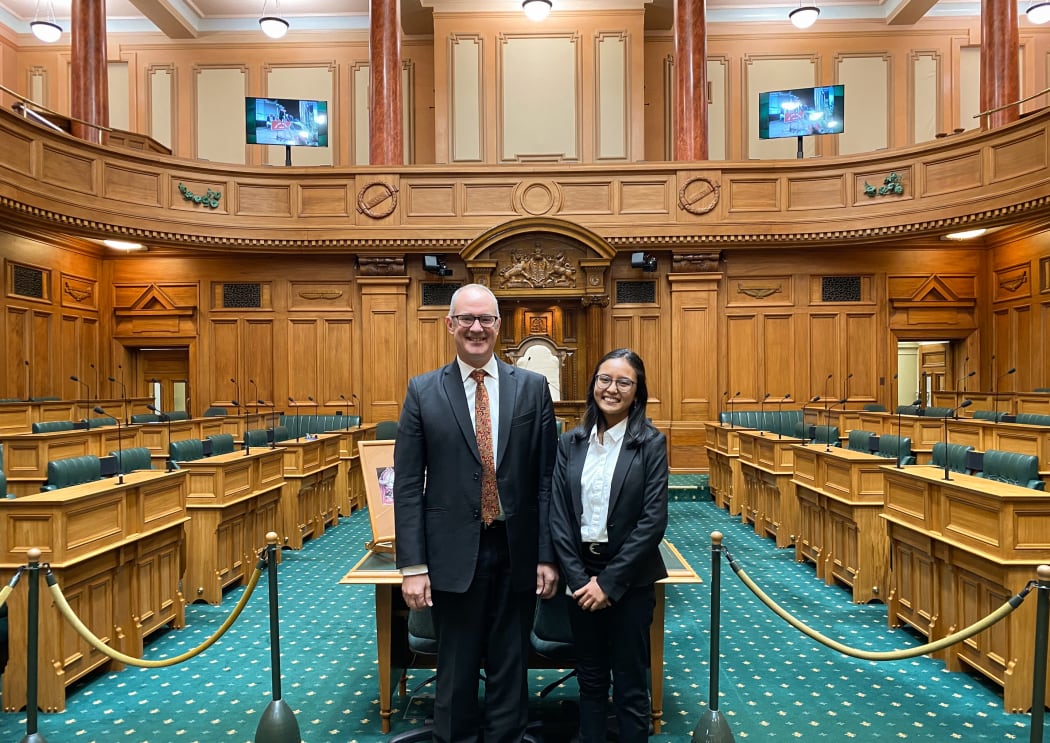 Tiara Siregar in the debating chamber with Phil Twyford