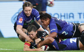Mia Anderson of the Chiefs Manawa scores a try during the Super Rugby Aupiki Final rugby match between the Blues and the Chiefs Manawa at Eden Park in Auckland, New Zealand on Saturday, April 13, 2024.