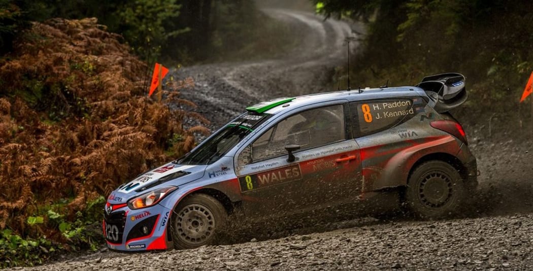 Hayden Paddon tries to control his Hyundai on a corner at the Wales Rally
