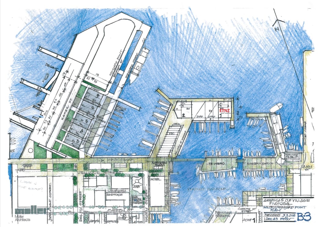 An artist impression of the government's latest America's Cup village plan, dropping the extension of Hobson Wharf on the eastern side.
