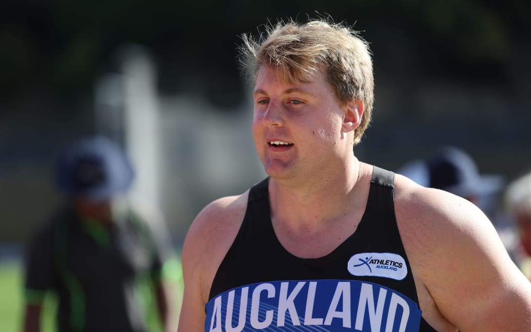 Jacko Gill competes shot put during the 2024 National Track & Field Championships at Newtown Park, Wellington. 16 March 2024.