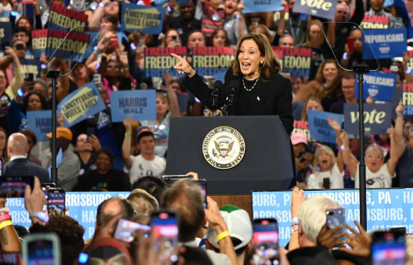 Vice President of the United States Kamala Harris speaks at a campaign rally at the Pennsylvania Farm Show Complex and Expo Center in Harrisburg, Pennsylvania, United States, on October 30, 2024. Vice President Kamala Harris delivers a speech to a crowd who cheers, waves flags, and participates in jubilation. At some points in the remarks, Kamala Harris is interrupted by pro-Palestine protesters, and she attempts to move on from the controversial comments from President Joe Biden calling Trump supporters ''garbage'' during a campaign call. (Photo by Kyle Mazza/NurPhoto) (Photo by Kyle Mazza / NurPhoto via AFP)
