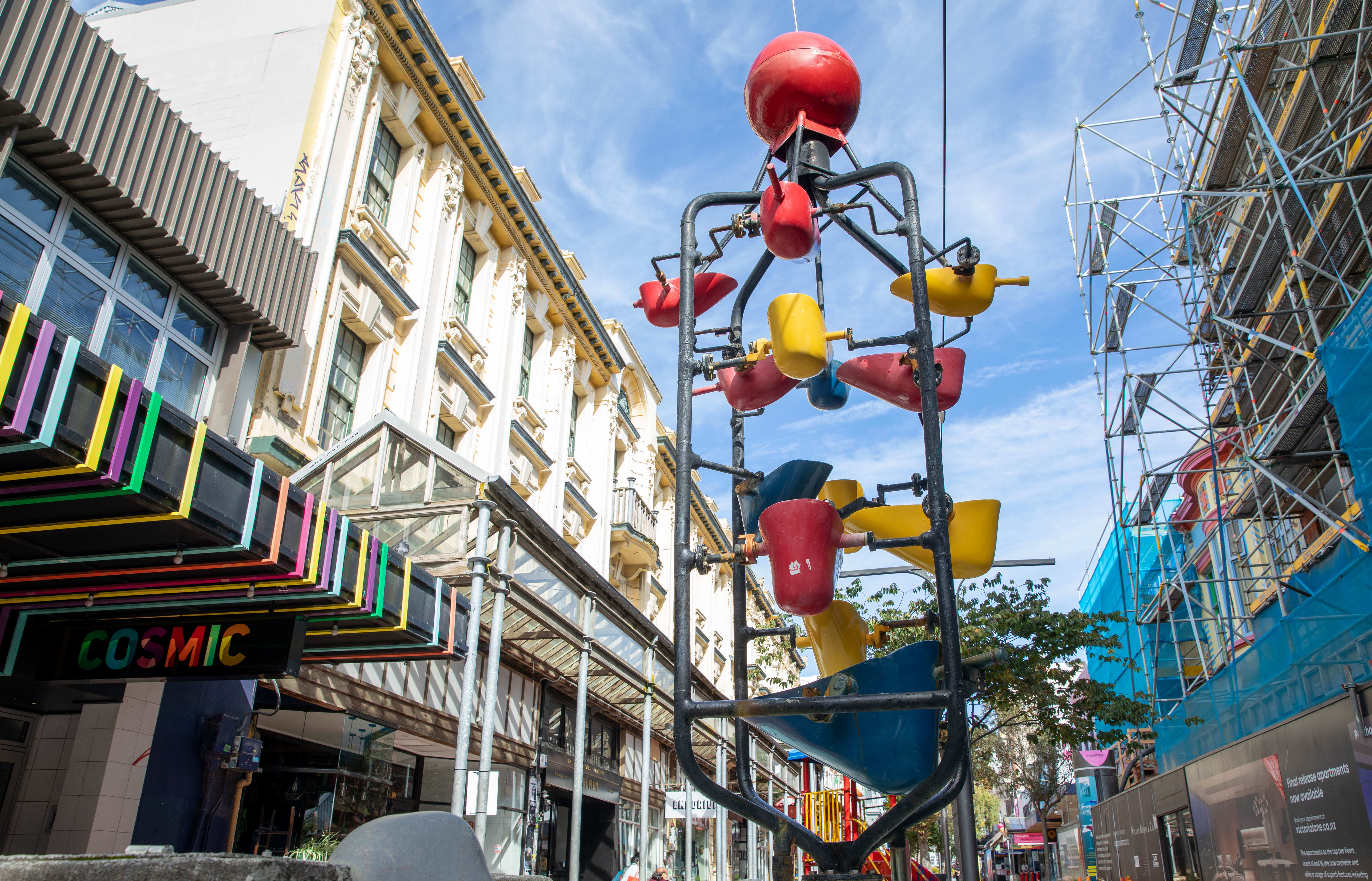Cuba Street's kinetic sculpture, the Bucket Fountain, during the Covid-19 alert level four lockdown.