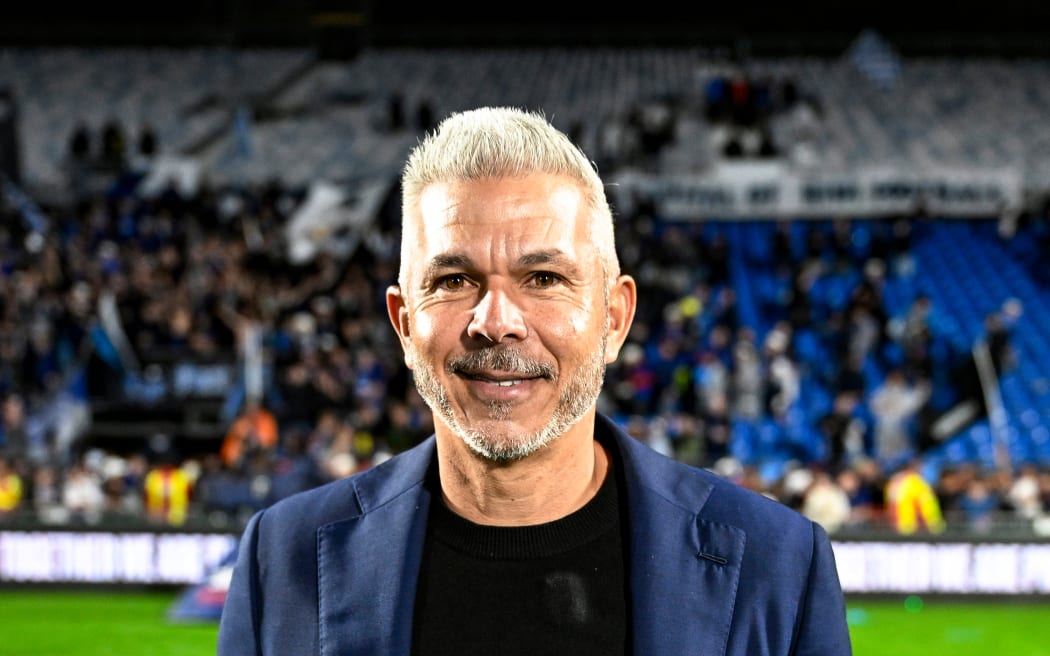 Auckland FC Manager Steve Corica celebrates with the A-League Premier Plate, 2025.