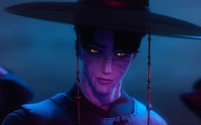 A face close-up of one of the animation characters from the Netflix movie K-Pop Demon Hunters, wearing a traditional Korean gat.