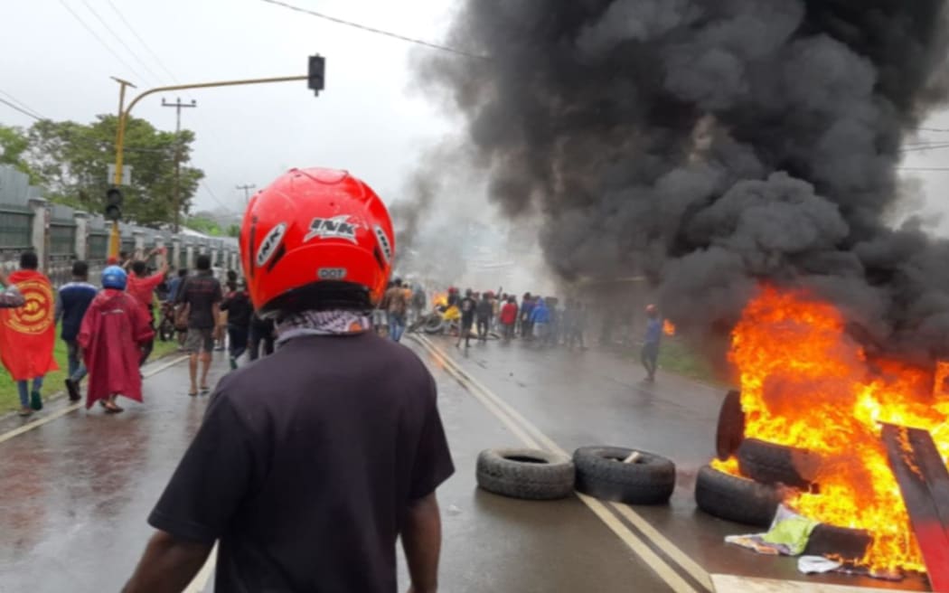 Protesters burned tyres during demonstrations in Manokwari on 19 August, 2019.