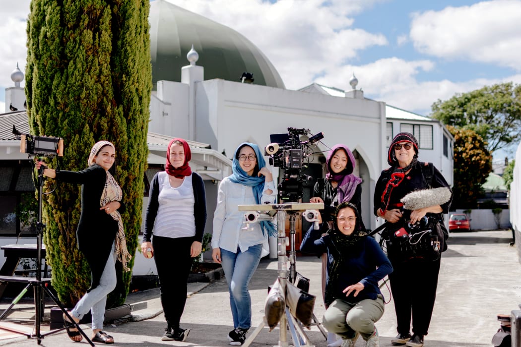 Crew shot outside the  Al-Masjid Al-Jamie Mosque - Left to Right, Director Ghazaleh Golbakhsh, Producer Gemma Duncan, Director of Photography Kelly Chen, 1st Assistant Camera Nahyeon Lee, Production Assistant Sara Shirazi, Sound Recordist Debra Frame.