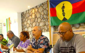New Caledonia's pro-independence Union Calédonienne's spokesman Gilbert Tyuienon (centre) speaks to the media during a press conference PICTURE LNC