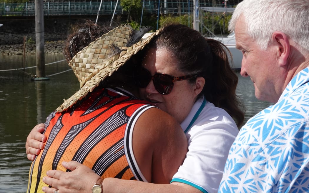 The Governor-General Dame Cindy Kiro's official Northland visit: Dame Cindy Kiro embraces kaihautū [captain] Joelene Busby after the waka trip.
