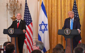 President of the United States Donald J. Trump (right) holds a press conference with Prime Minister of Israel Benjamin Netanyahu (left) in the East Room of the White House in Washington, DC, on February 4, 2025. (Photo by Kyle Mazza/NurPhoto) (Photo by KYLE MAZZA / NurPhoto / NurPhoto via AFP)