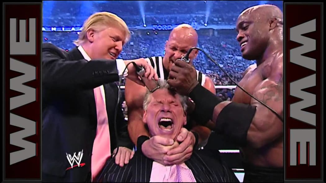 Donald Trump shaving the head of Vince McMahon in WWF's Battle of the Billionaires in 2007