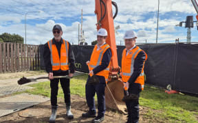 Auckland Mayor Wayne Brown, Prime Minister Christopher Luxon, and Transport Minister Chris Bishop marking the start of site works at Takanini Station.