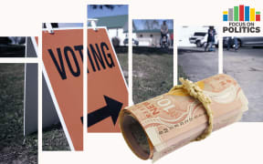 Graphic showing a voting location and a bundle of cash, with branding for the Focus on Politics podcast.