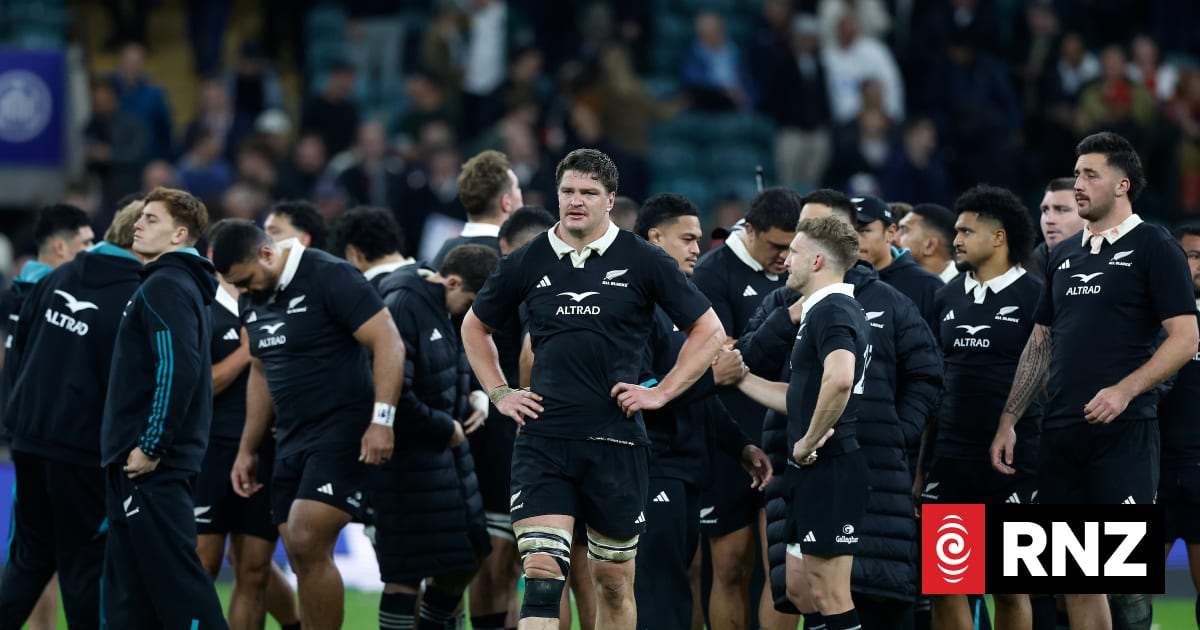 Scott Barrett of New Zealand dejected after the game. England v New Zealand All Blacks at Twickenham Stadium, London