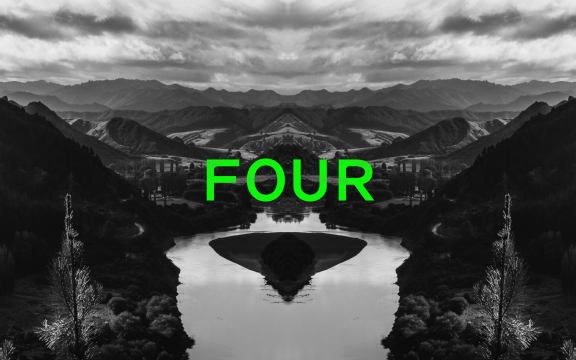 Podcast episode image for the 'Mr Lyttle Meets Mr Big' podcast. A moody black and white landscape photograph of the Whanganui river is mirrored vertically creating a Rorschach like effect with the episode number 'FOUR' overlaid in vibrant green.