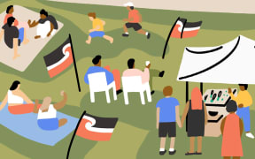 Stylised illustration of people on lawn sitting on chairs and blankets, kids playing and Tino Rangatiratanga flags