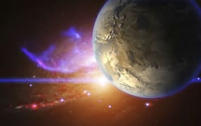 Exoplanet and galactic nebula, illustration.