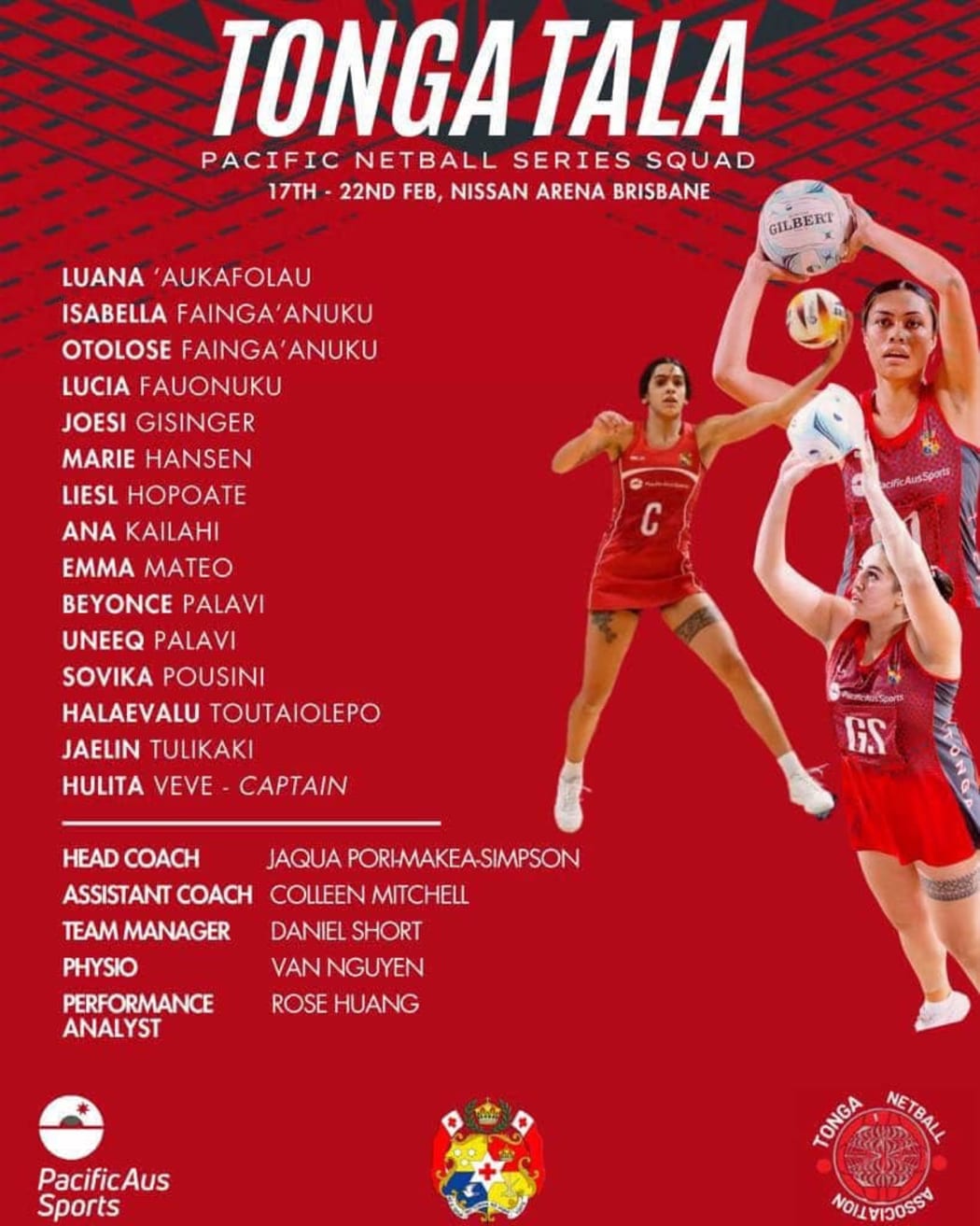 The Tongan Tala squad for the PacificAUS Netball Series in Brisbane next month. Supplied