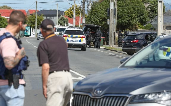 Police on the scene amid a stand-off with an armed man in Lower Hutt, 27/02/2024.
