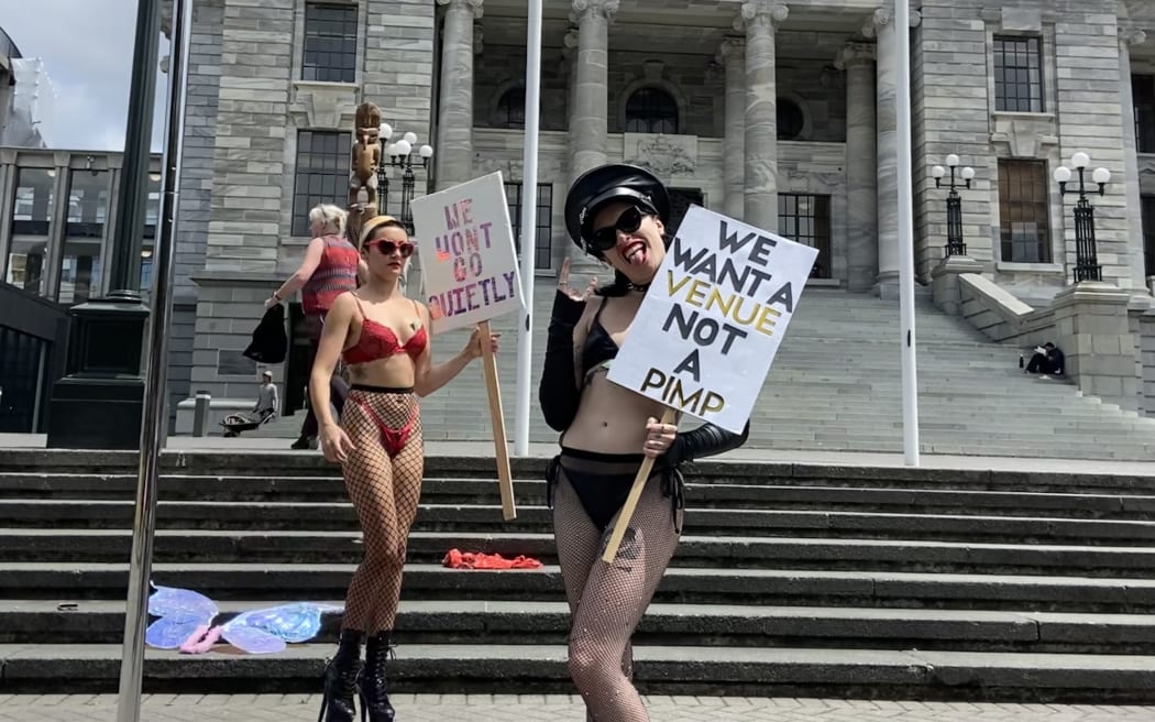 Margot Embargot and Vixen Temple outside Parliament on 3 February 2024.