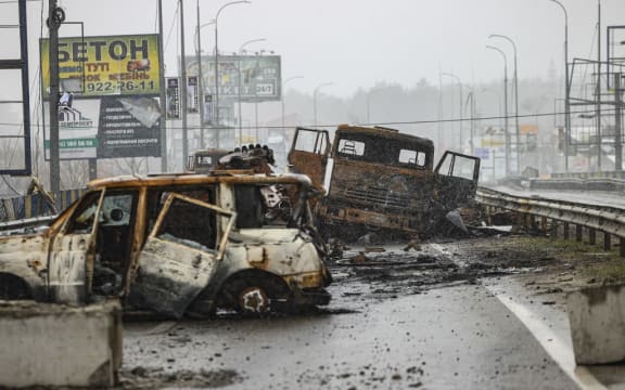A photo shows destruction from conflict areas in Bucha, Ukraine, on 3 April, 2022.