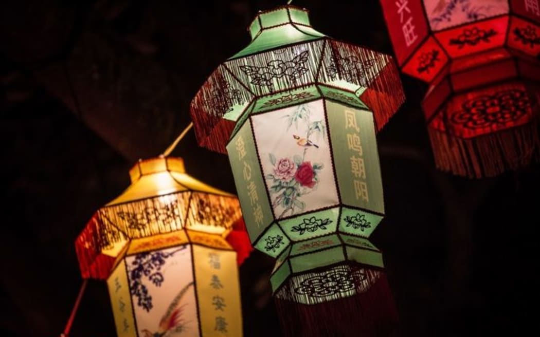 Lanterns hang on display at the 2025 Lantern Festival in Auckland.