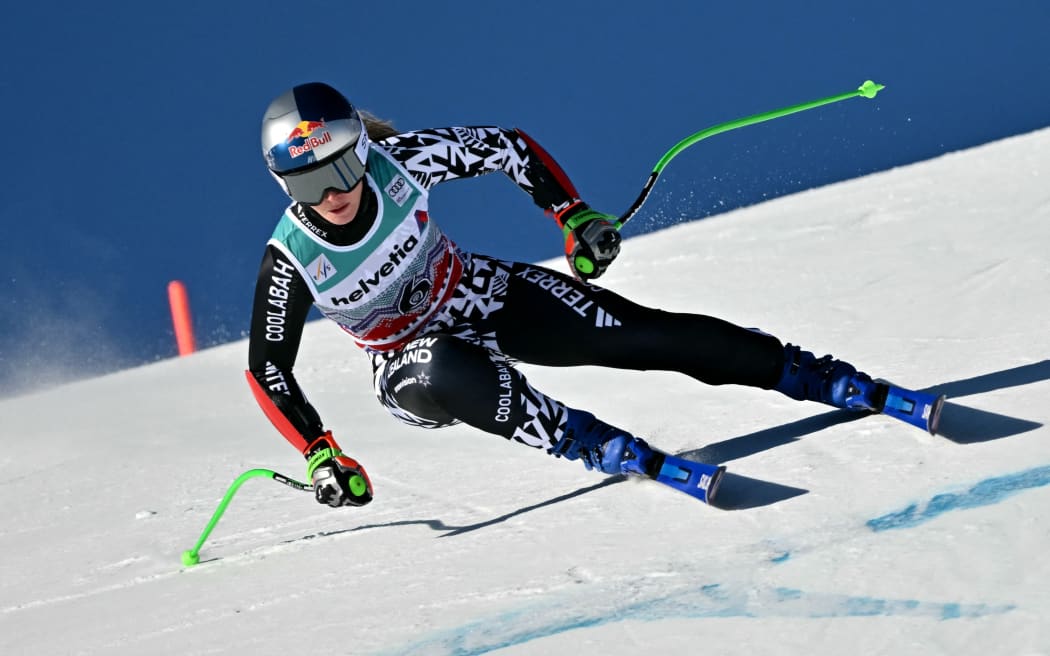 New Zealand's Alice Robinson competes in the Women's Super G event of the FIS Alpine Skiing World Cup 2025-2026, in St. Moritz.
