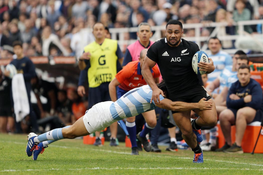 Ngani Laumape is tackled by Ramiro Moyano from Argentina during the Rugby Championship.