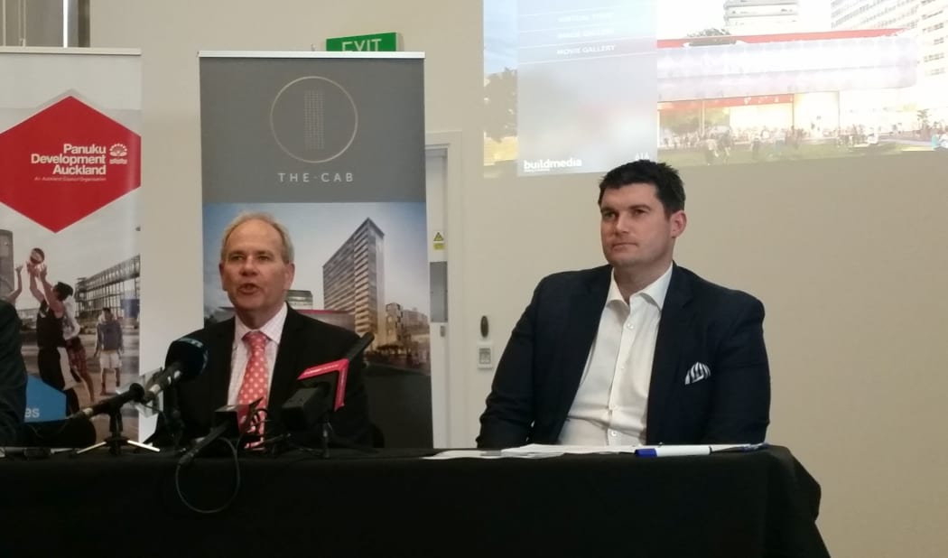 Len Brown, left, and Tawera chief financial officer John Love announcing the sale of the civic administration building.