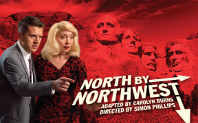 Promotional poster for new Auckland Theatre Company show North by Northwest, featuring a male and female cast member with Mount Rushmore in the background