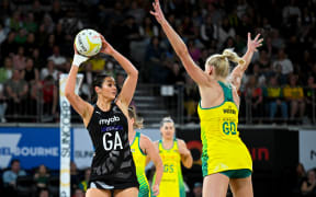 Ameliaranne Ekenasio of New Zealand (left) in action during the Constellation Cup netball match between the Australia Diamonds and the New Zealand Silver Ferns at John Cain Arena in Melbourne, Wednesday, October 19, 2022. (AAP Image/James Ross/ www.photosport.nz