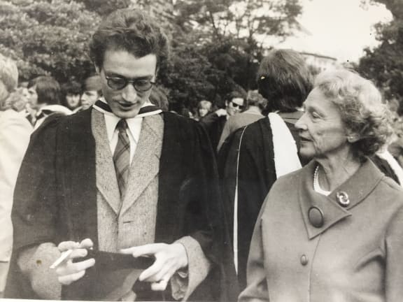 Peter Wells graduating in 1974, with his mother Bess alongside him.
