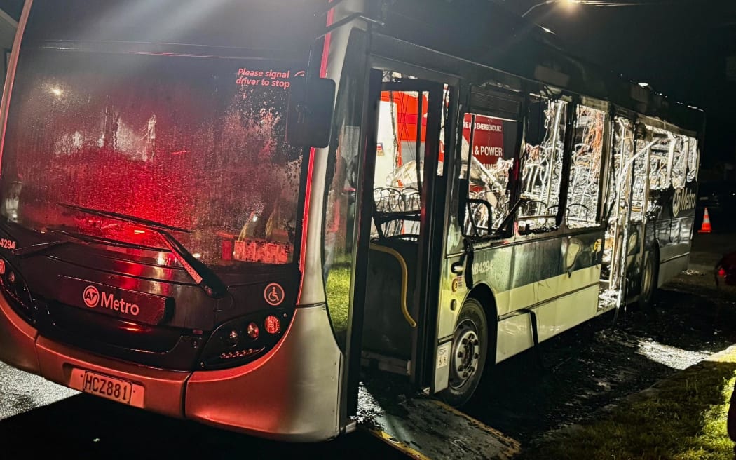 Wreckage of a diesel bus that caught fire in Epsom about 6.10pm on Sunday 24 May 2025. An Auckland Transport spokesperson said the driver promptly raised the alarm and made sure all passengers got off safely.