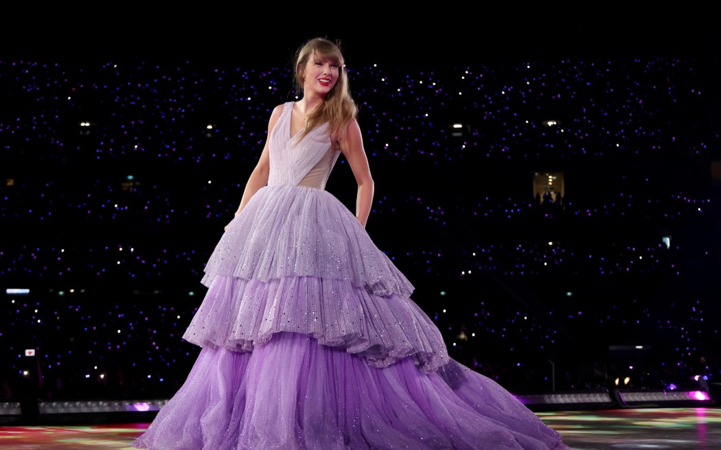 Taylor Swift wears a custom Nicole + Felicia gown during her 'Speak Now' set at the Melbourne Cricket Ground on 16 February, 2024. (Photo by Graham Denholm/TAS24/Getty Images for TAS Rights Management)