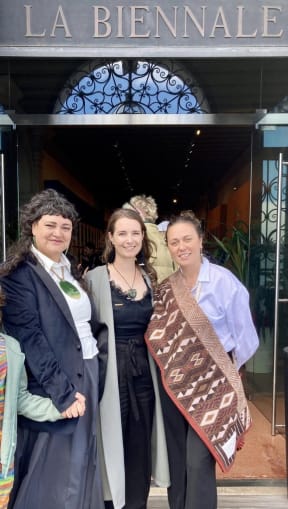 Three of the four members of Mataho collective after the ceremony in Venice: Sarah Hudson, Terri Te Tau and Erena Baker