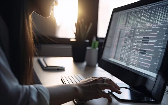 Female programmer working on computer in office, closeup of hands. A woman rear view closeup in her office desk using computer, AI Generated