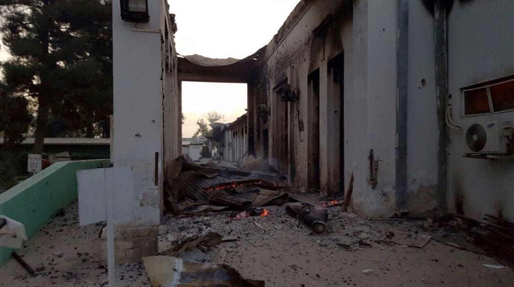 In this photograph released by Medecins Sans Frontieres (MSF) on October 3, 2015, fires burn in part of the MSF hospital in the Afghan city of Kunduz after it was hit by an air strike.