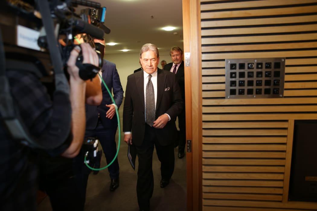 New Zealand First leader Winston Peters arriving for the announcement.