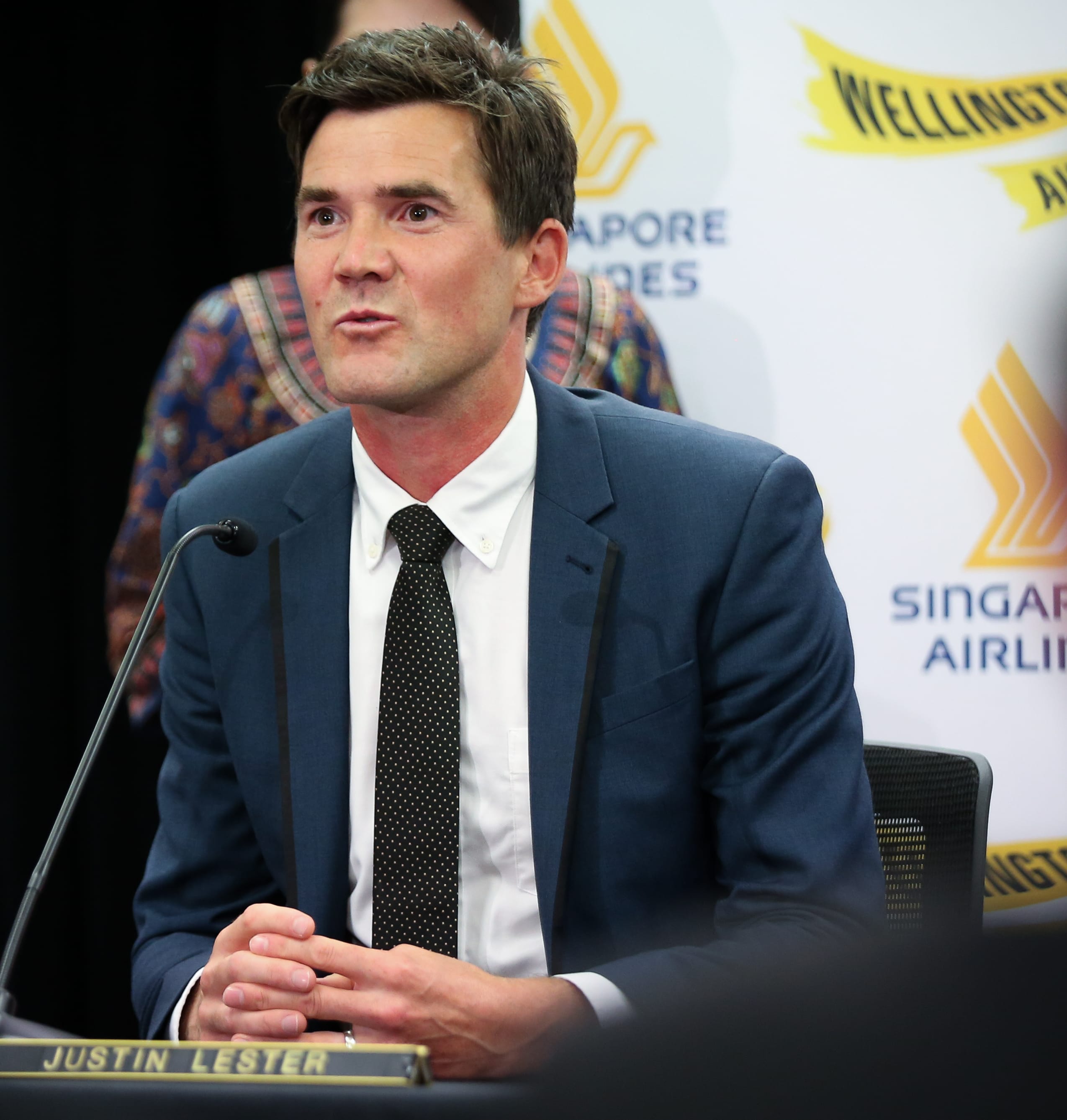 Wellington City Council Deputy Mayor Justin Lester at the Singapore Airline announcement  of flights from Wellington to Canberra.