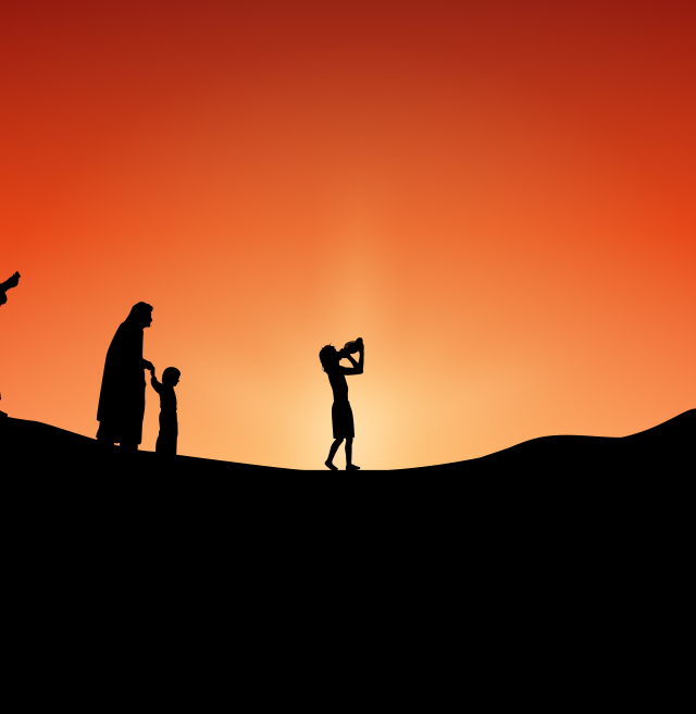 Silhouetted figures, including a flag bearer and a young person sounding a pūtātara (conch shell trumpet), walk along a ridge against a deep red sunset. The title reads: "Pūtātara: Revolutions in Māori Art" in golden yellow and red.
