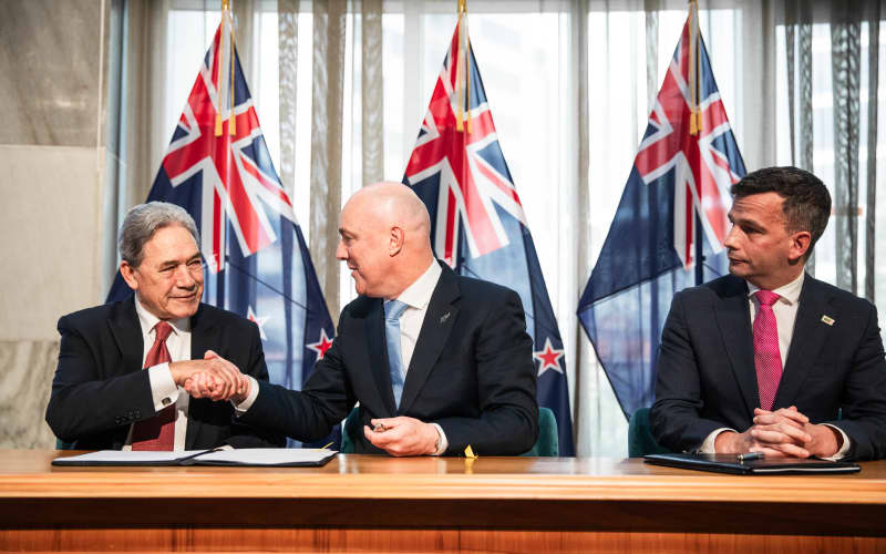NZ First leader Winston Peters, National Party leader Christopher Luxon and ACT Party leader David Seymour at the formal signing ceremony on 24 November, 2023.