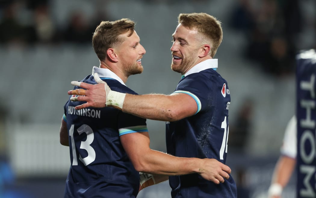 Rory Hutchinson of Scotland celebrates his try with Kyle Steyn, 2025.