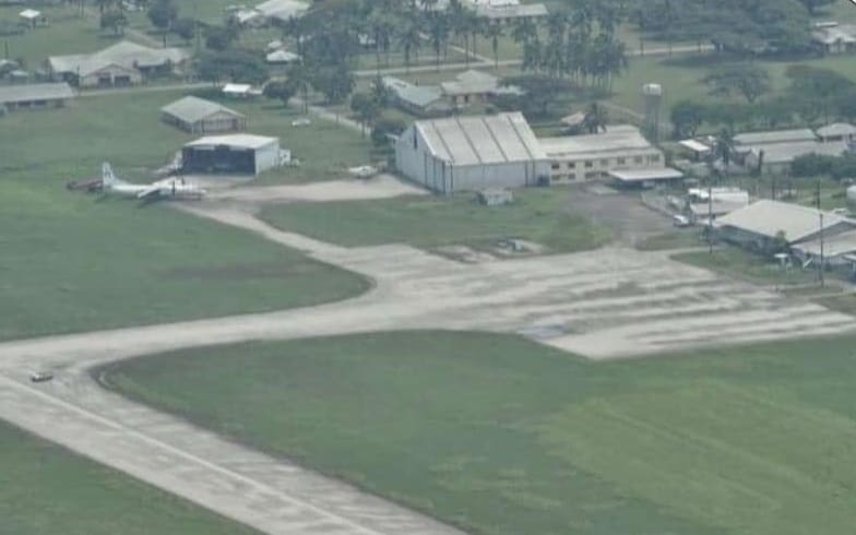 Fua'amotu International Airport has limited damage but a layer of ash covers the runway making it unusable. An aerial photo taken from an NZDF P-3 Orion on January 16, 2022