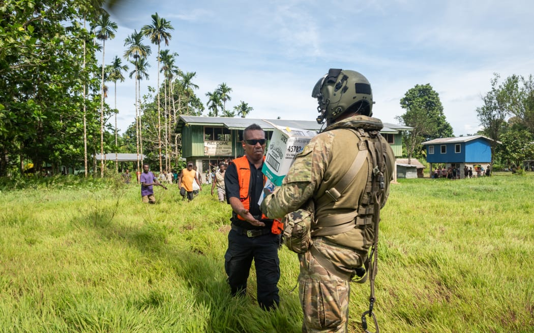 Airforce NH90's assist in delivering Ballot boxes to the outer islands before the upcoming solomon island elections.