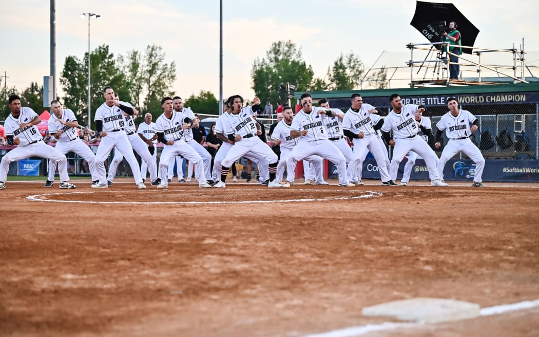 The New Zealand Black Sox perform a haka at the WBSC Softball World Cup Finals 2025 in Prince Albert Canada. (Day 1 match up against Canada where they won 8-3.)