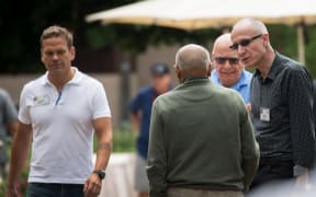 (L to R) Lachlan Murdoch, Rupert Murdoch, and Robert Thompson at the exclusive Allen & Company Sun Valley Conference.